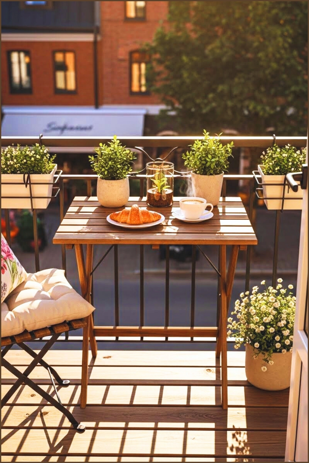 A Small Balcony With A Fold Down Wooden Railing