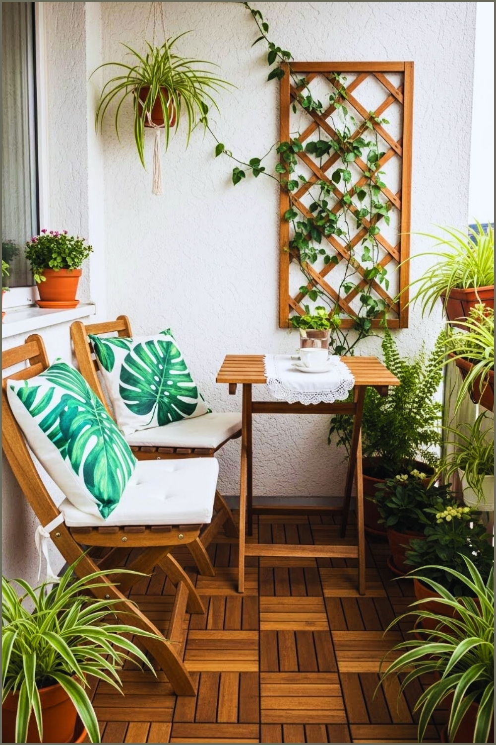 A Small Cozy Balcony With Folding Wooden Chairs