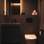 A Small Modern Bathroom With A Dark Minimalist Luxury