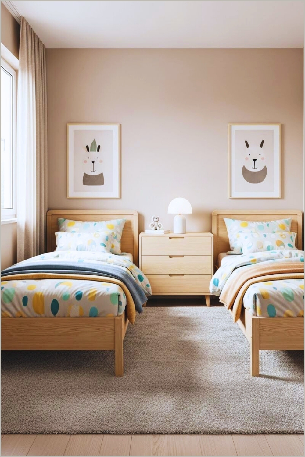 A Small Neutral Kids Bedroom With Two Single Beds