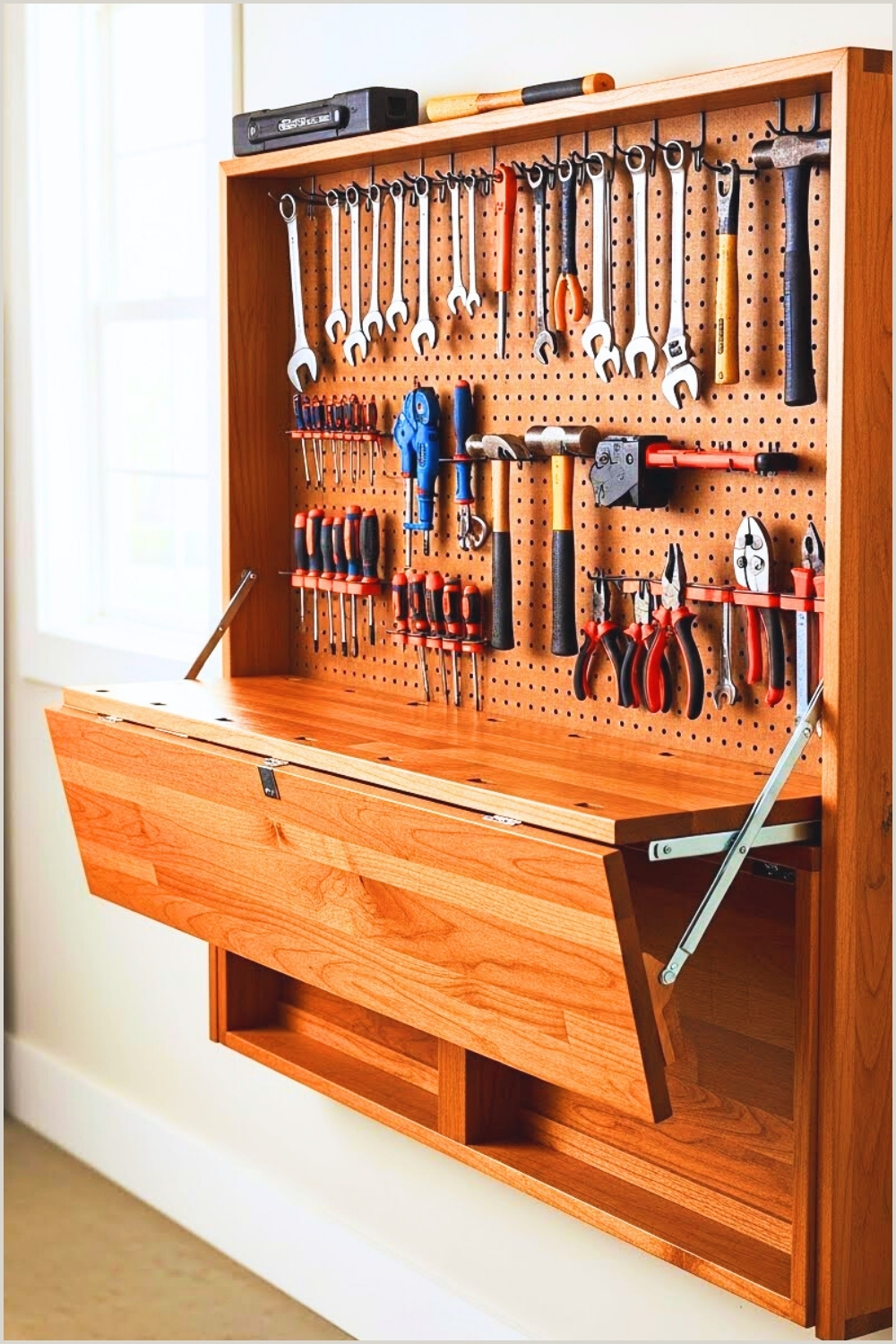 A Smart Fold-down Wooden Garage Workbench With Pegboard