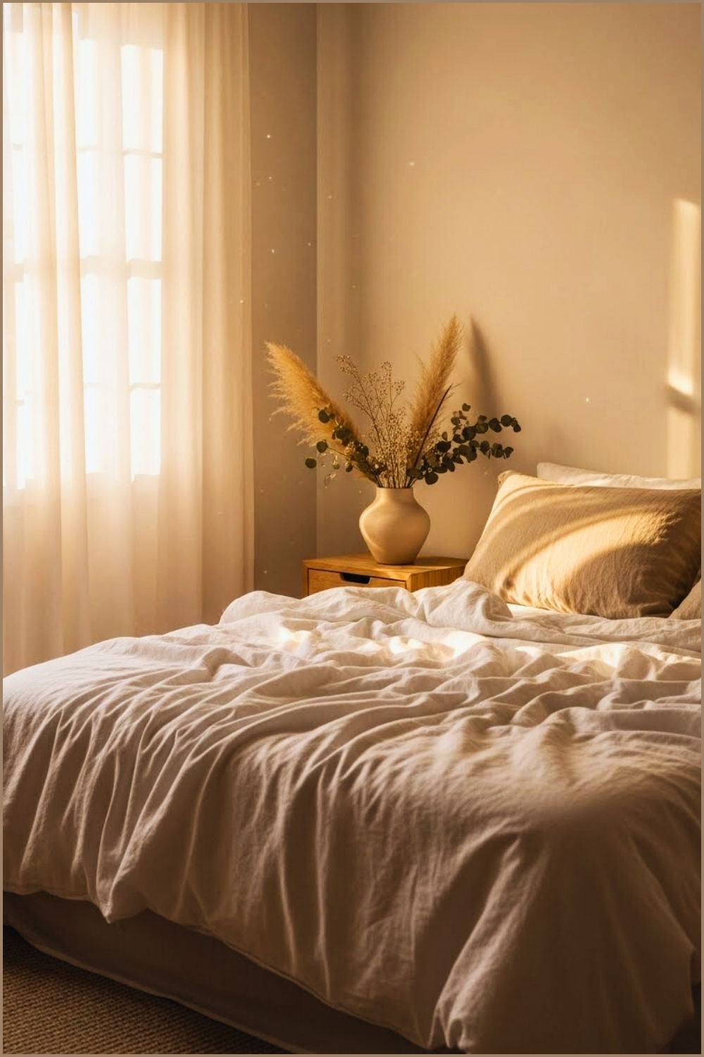 A Soft And Serene Sunlit Bedroom With White Linen Bedding