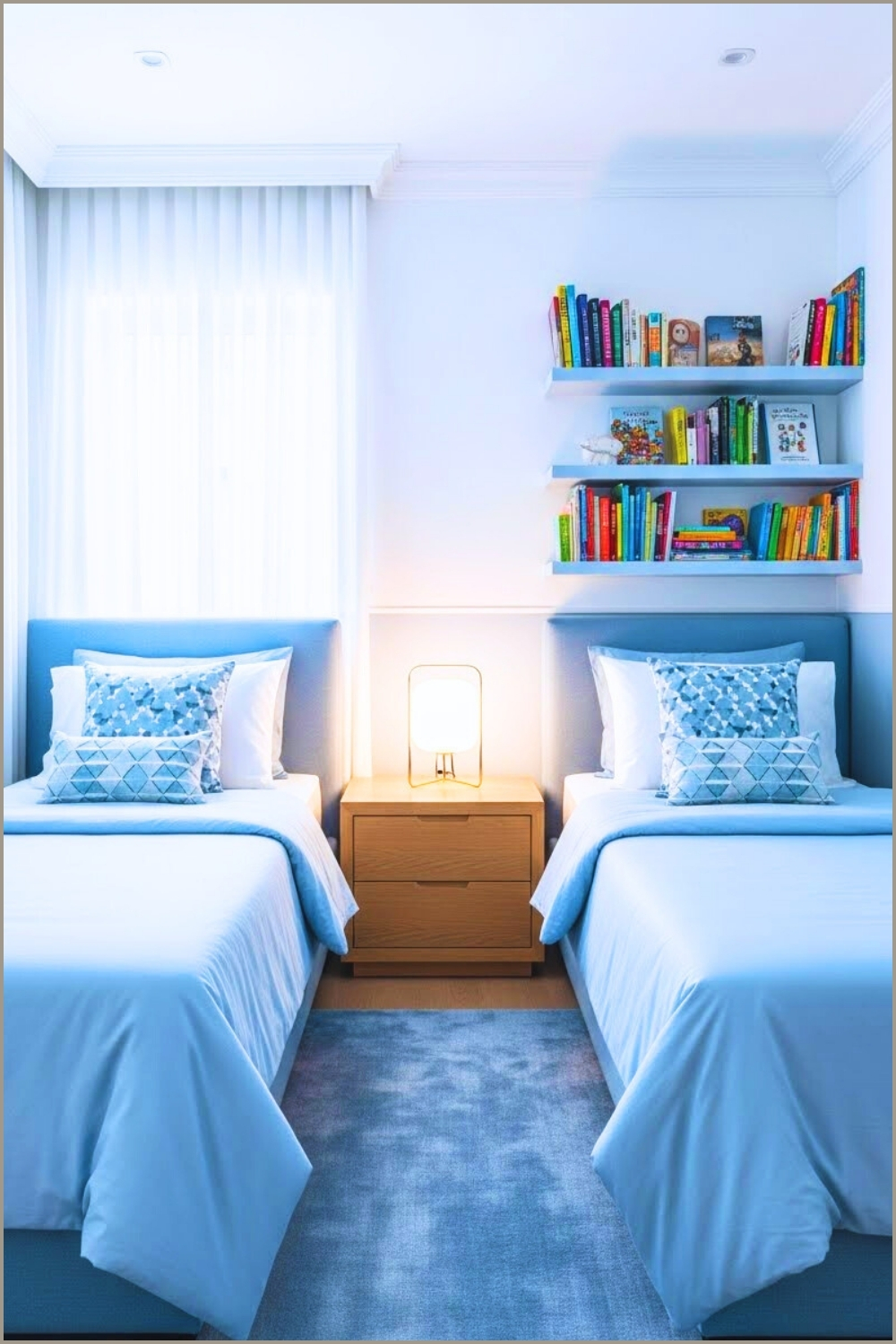 A Soft Blue Kids Bedroom With Twin Beds Matching Bedding