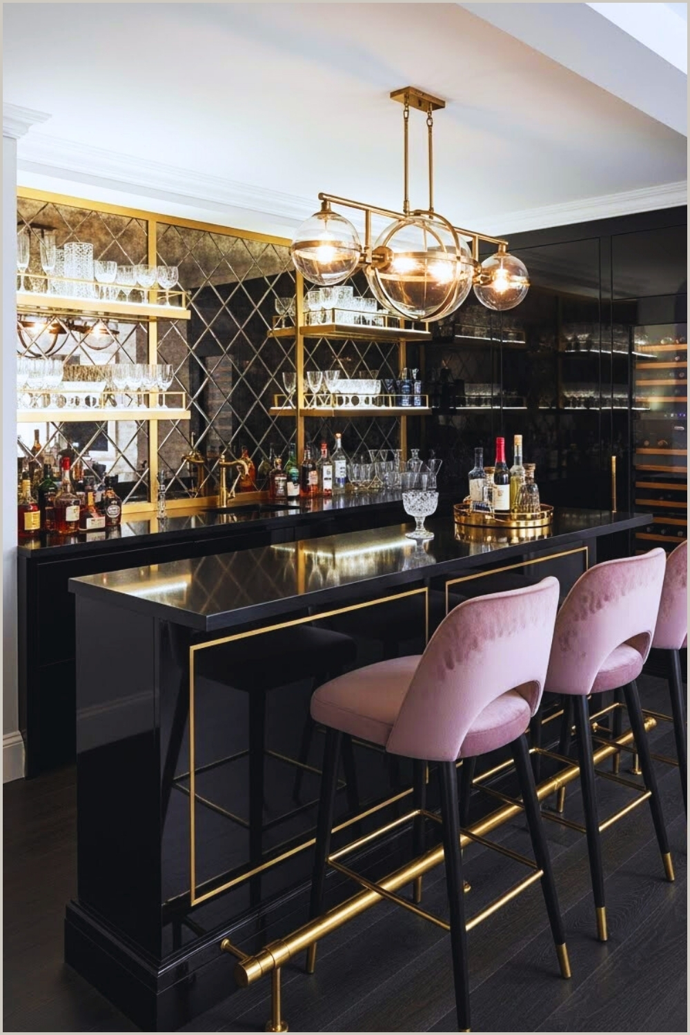 A Sophisticated Under Stairs Home Bar With A Black