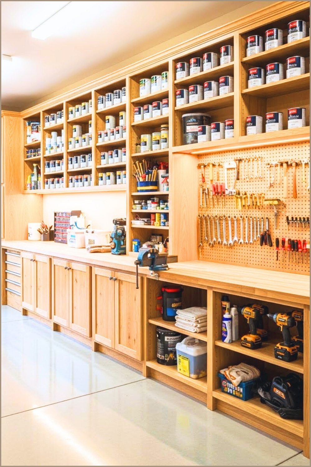 A Spacious Garage With Built-in Wooden Storage Cabinets