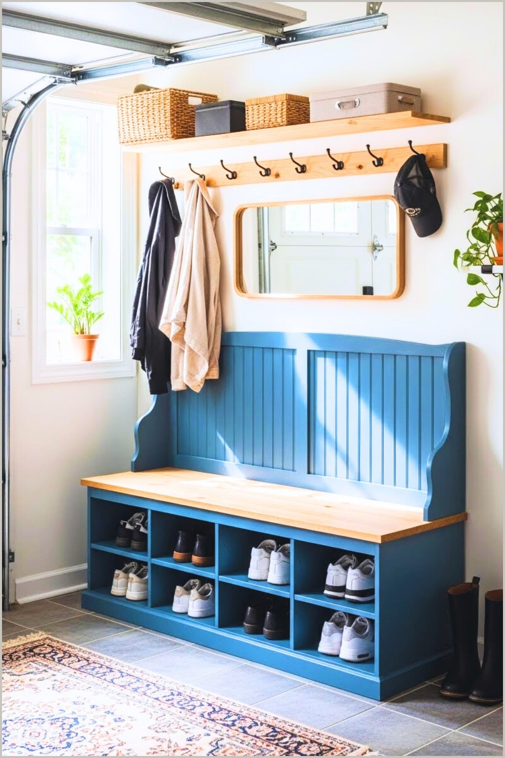 A Stylish Garage Entry Area With A Blue Wooden Shoe Storage