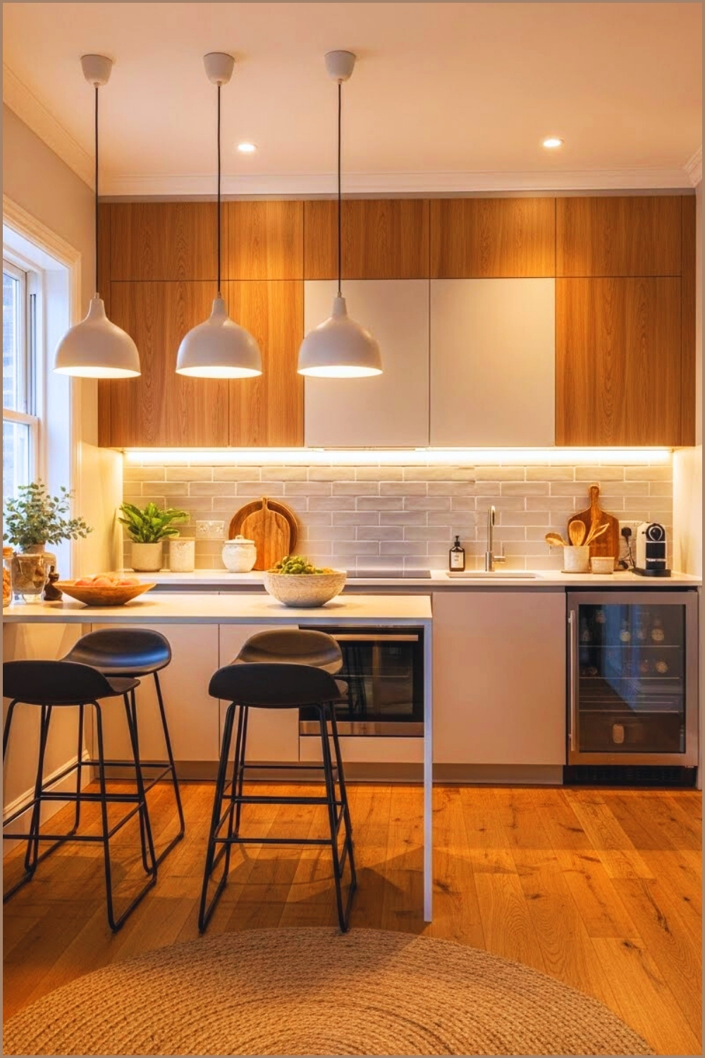 A Stylish Small Kitchen Featuring Creative Lighting Design