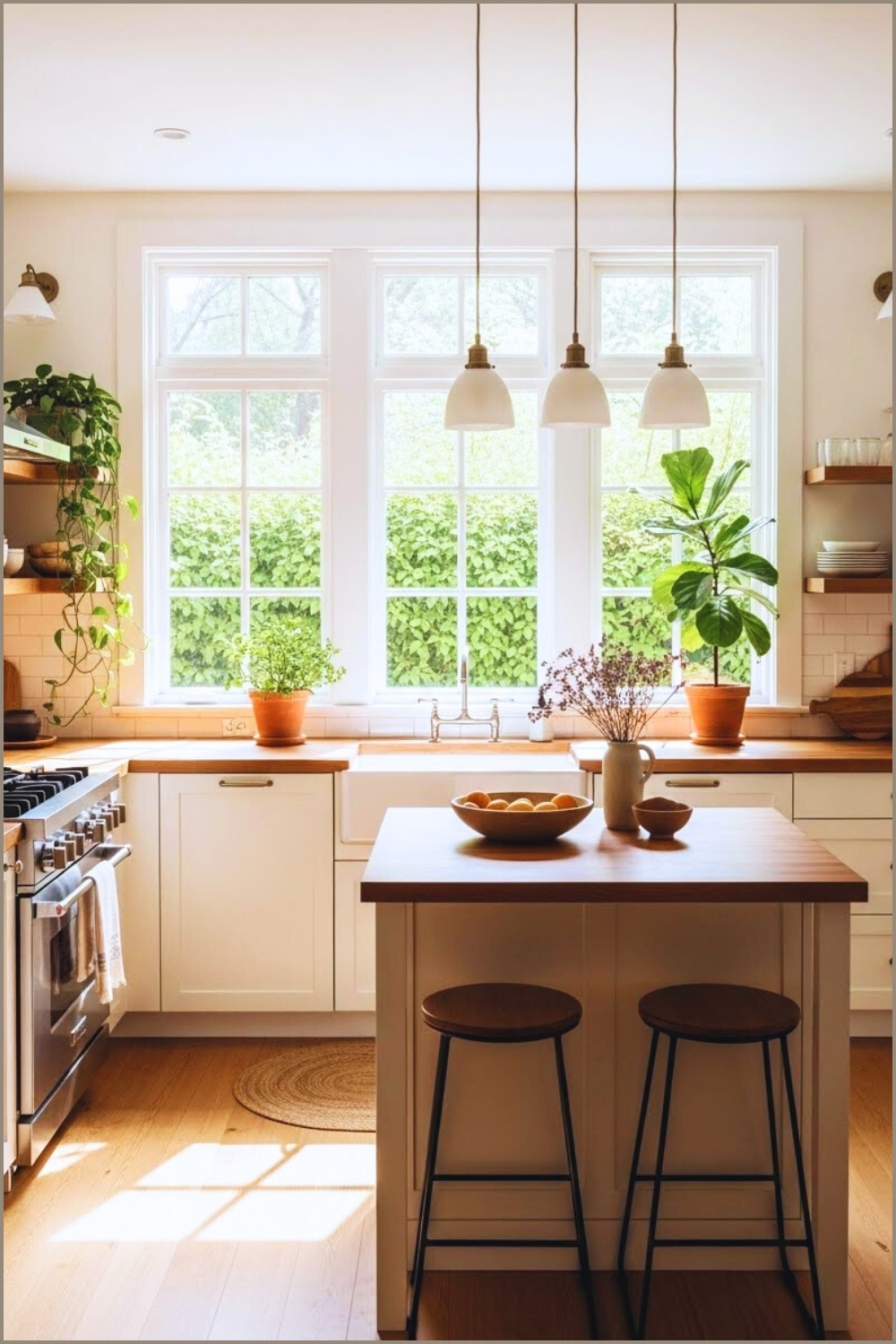 A Sun-filled U-shaped Kitchen With Tall Grid Windows