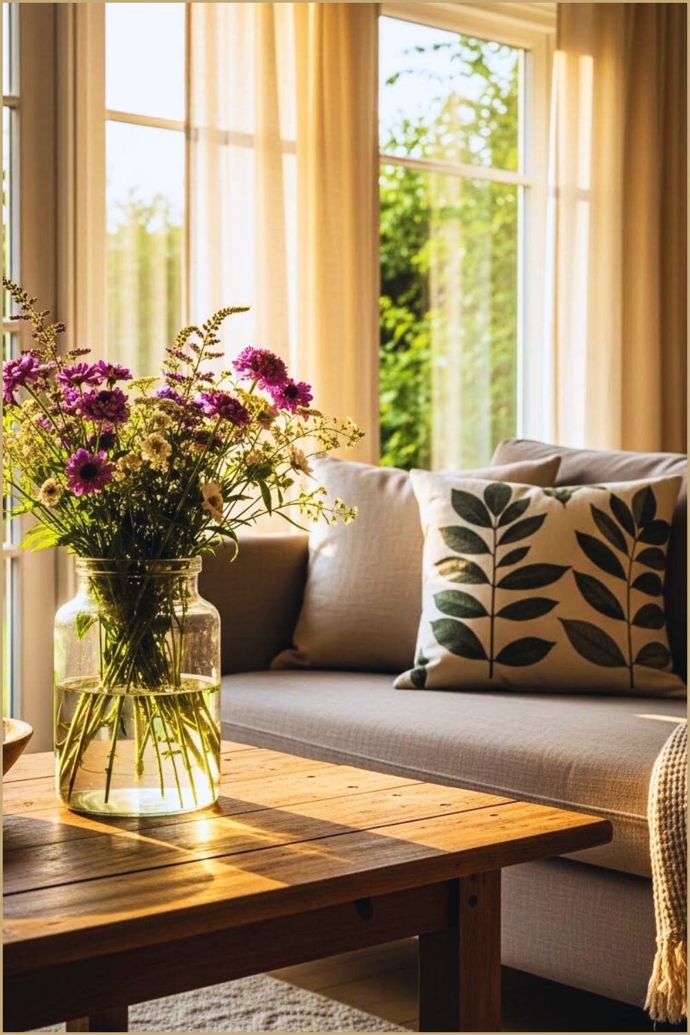 A Sunlit Cottagecore Living Room Interior With A Rustic Wooden