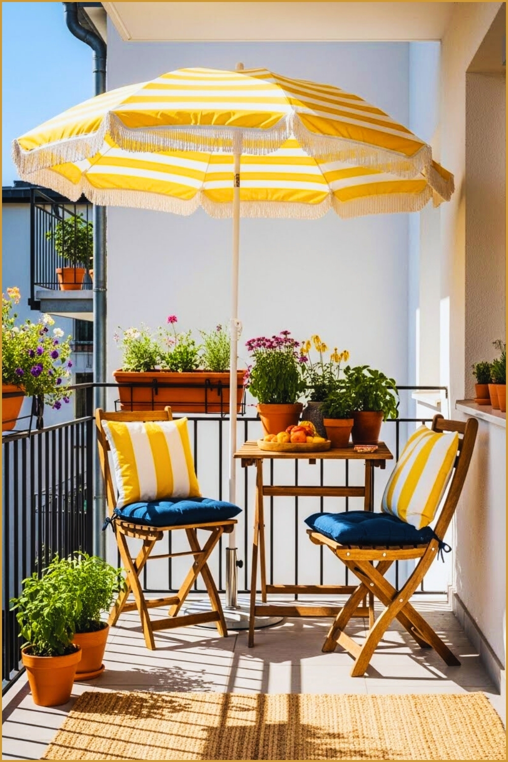 A Sunny White Apartment Balcony Styled With A Yellow Striped