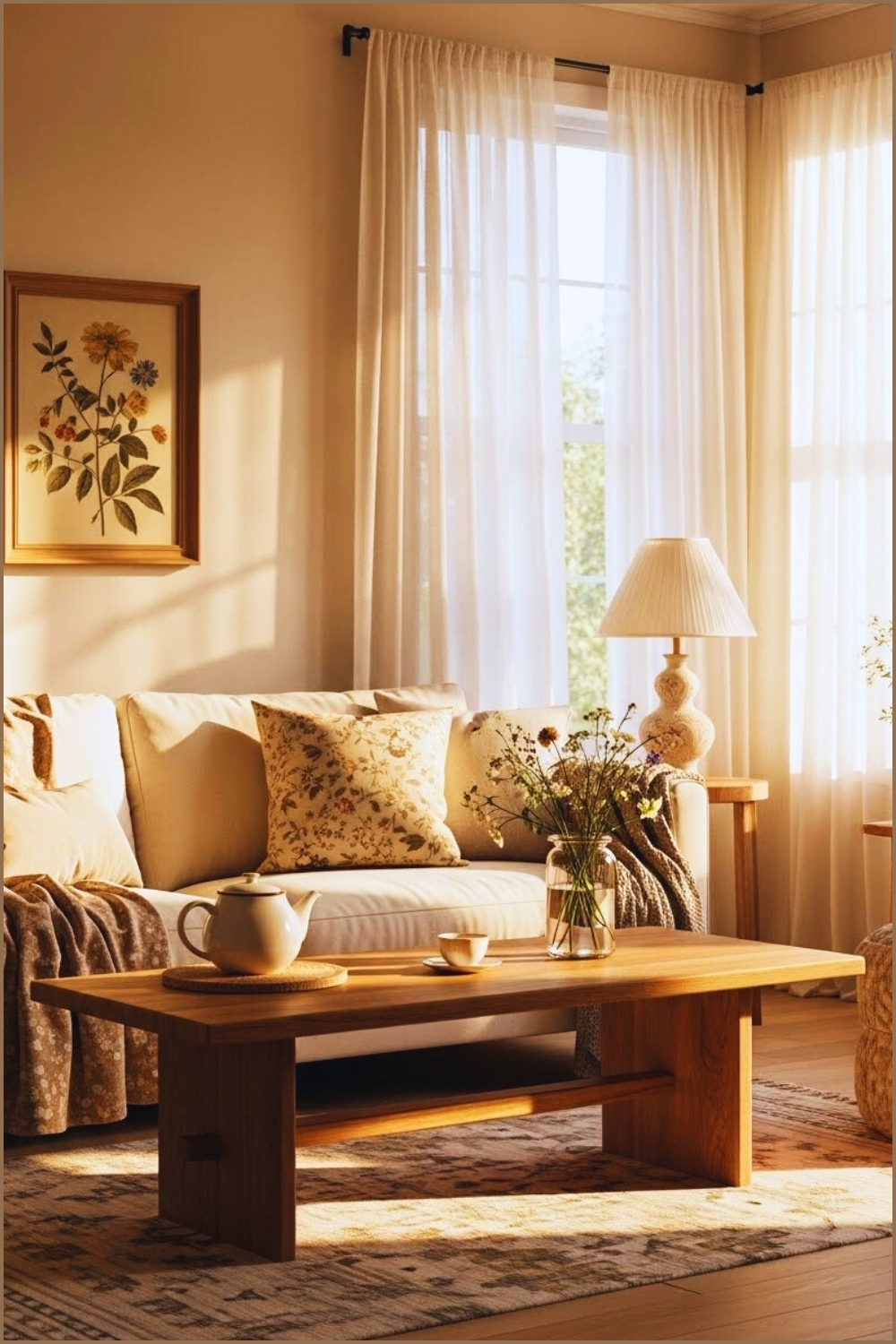 A Tranquil Cottagecore Living Room Interior Illuminated
