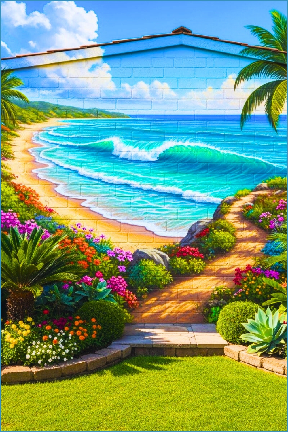 A Vibrant Backyard Garden Wall Mural Featuring A Serene Tropical