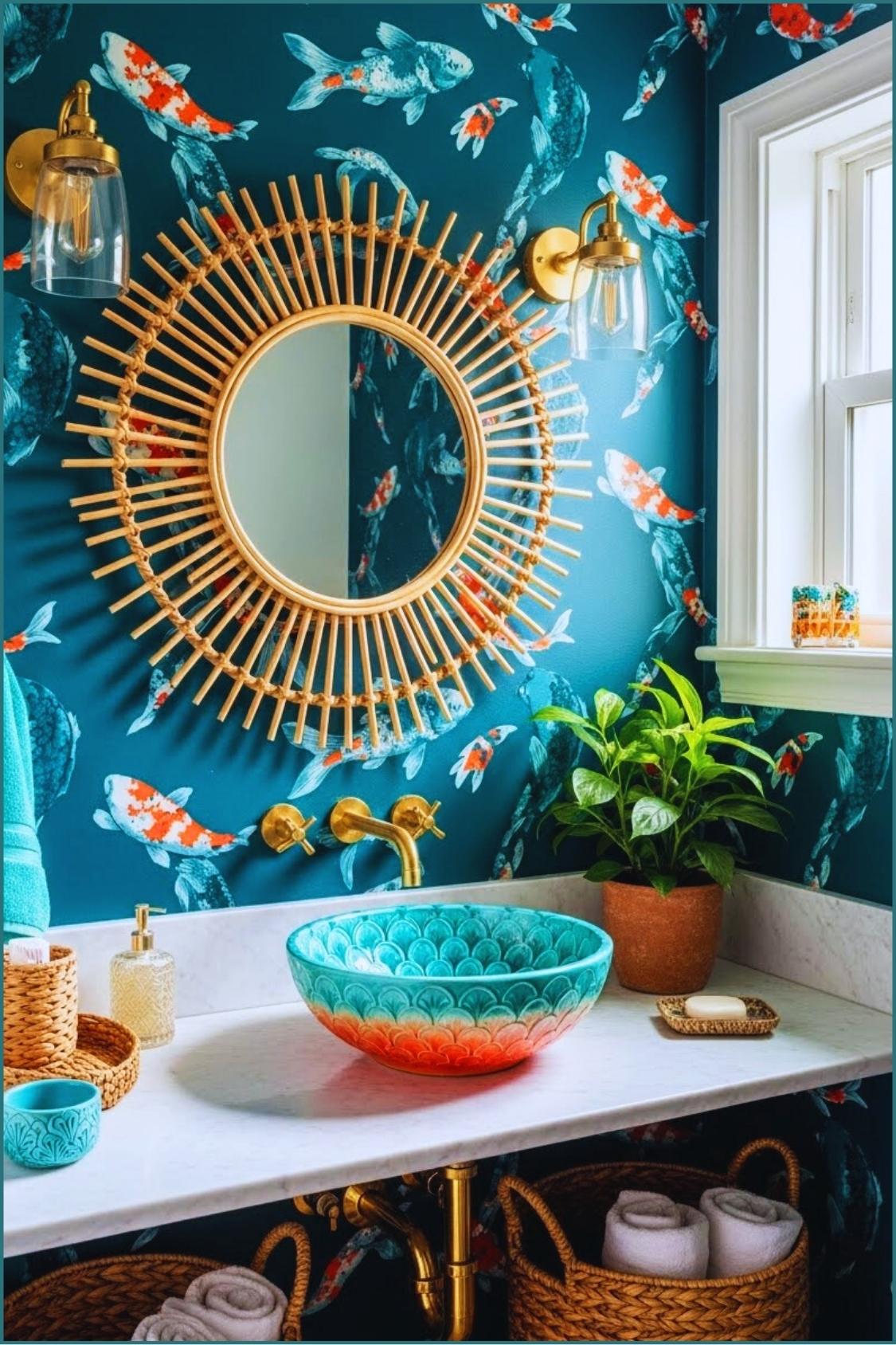 A Vibrant Boho Coastal Powder Room With Deep Teal Koi Fish