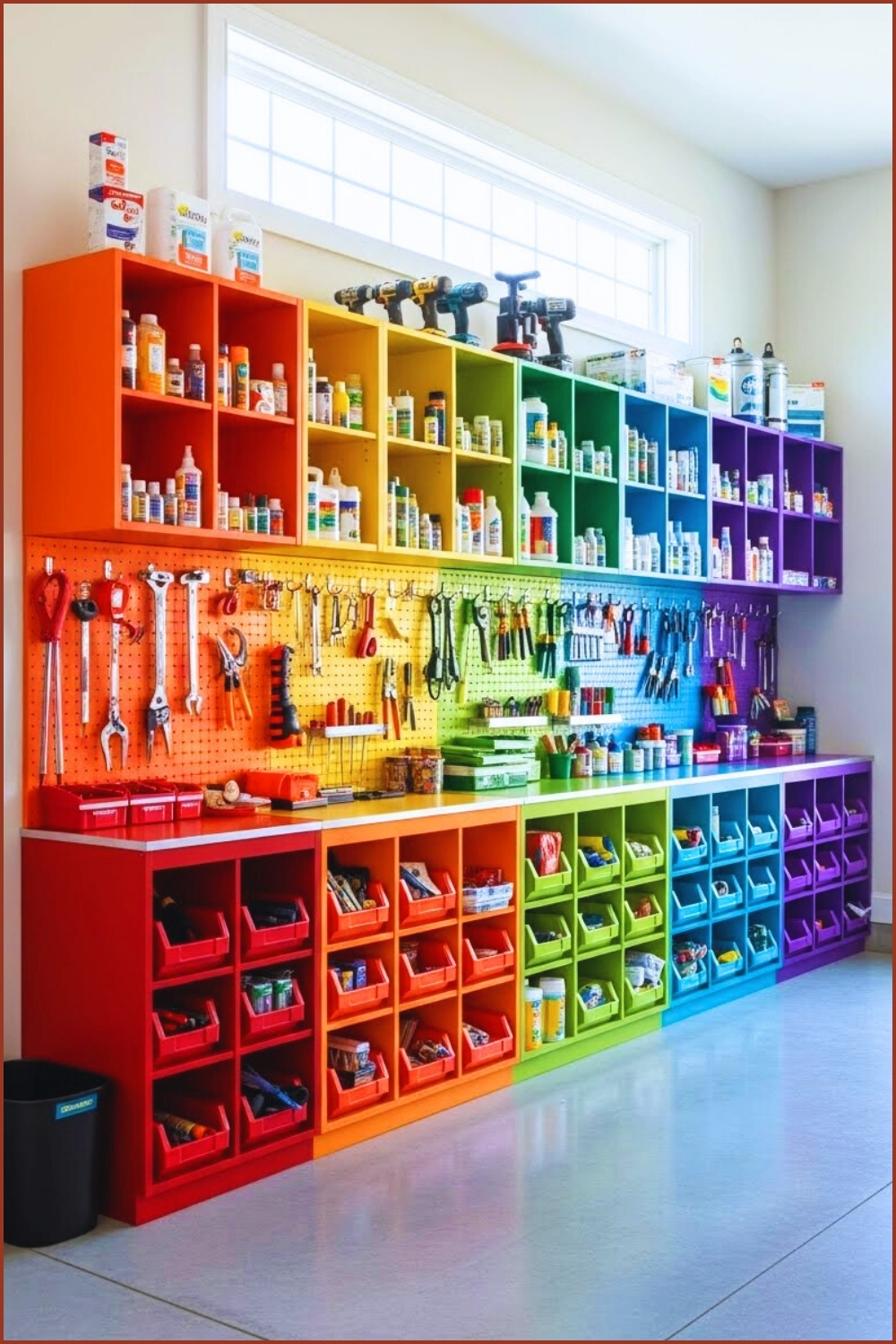 A Vibrant Garage Storage Wall With Colorful Cubby Shelves