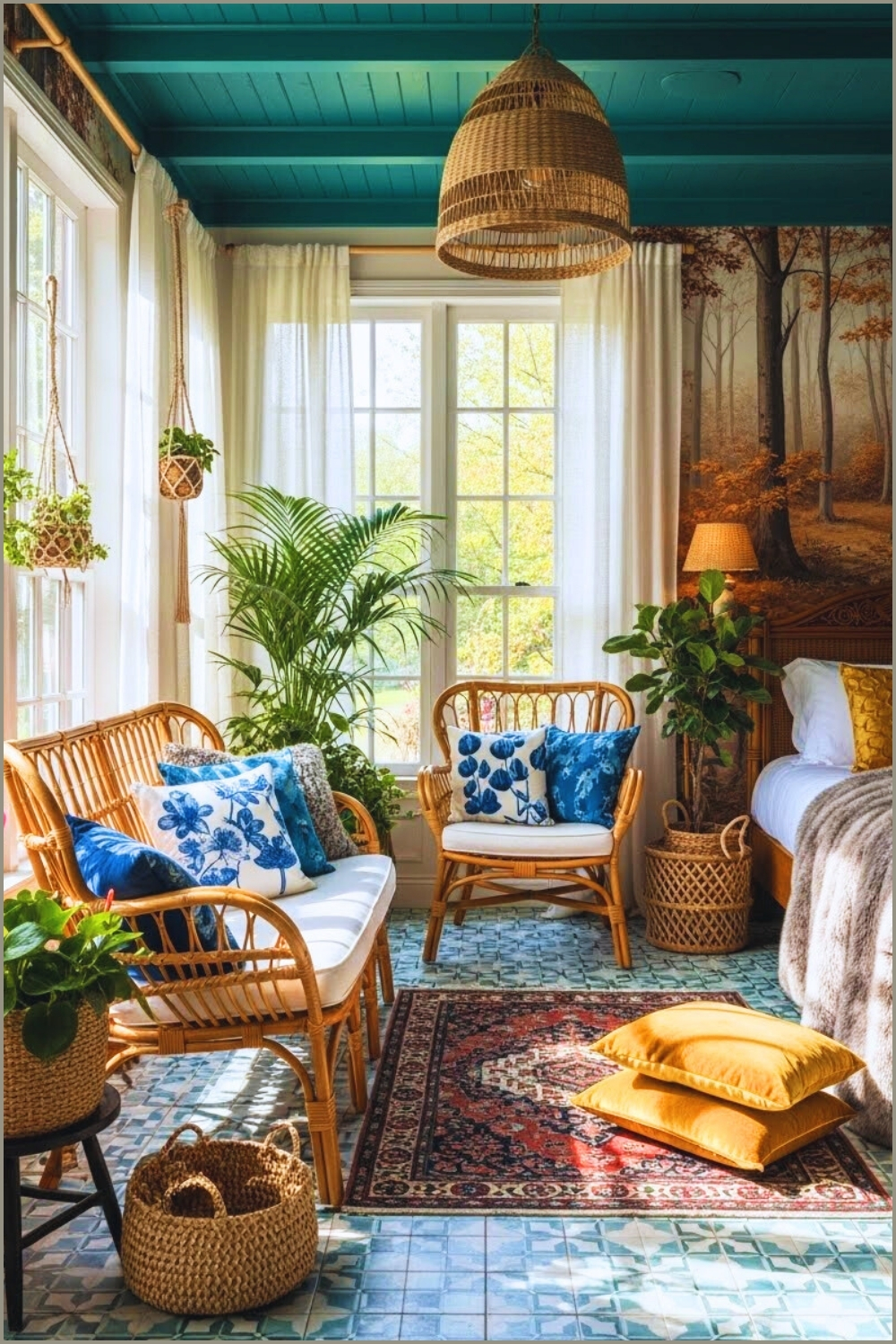 A Vibrant Tropical Mediterranean Sunroom With Rattan