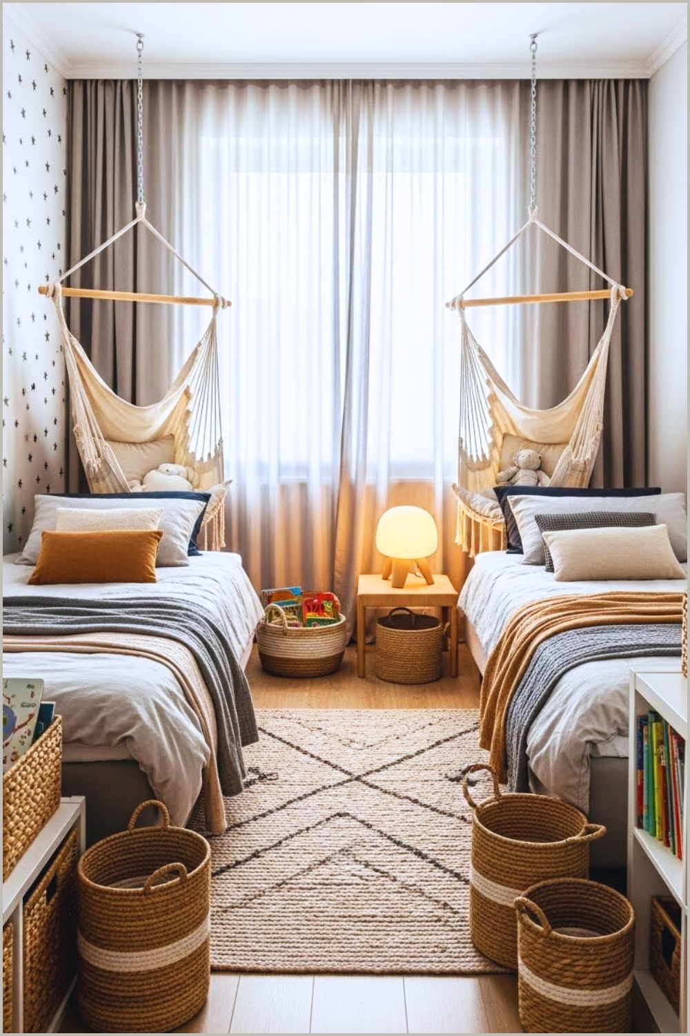 A Warm Shared Kids Bedroom With Twin Beds And Hanging