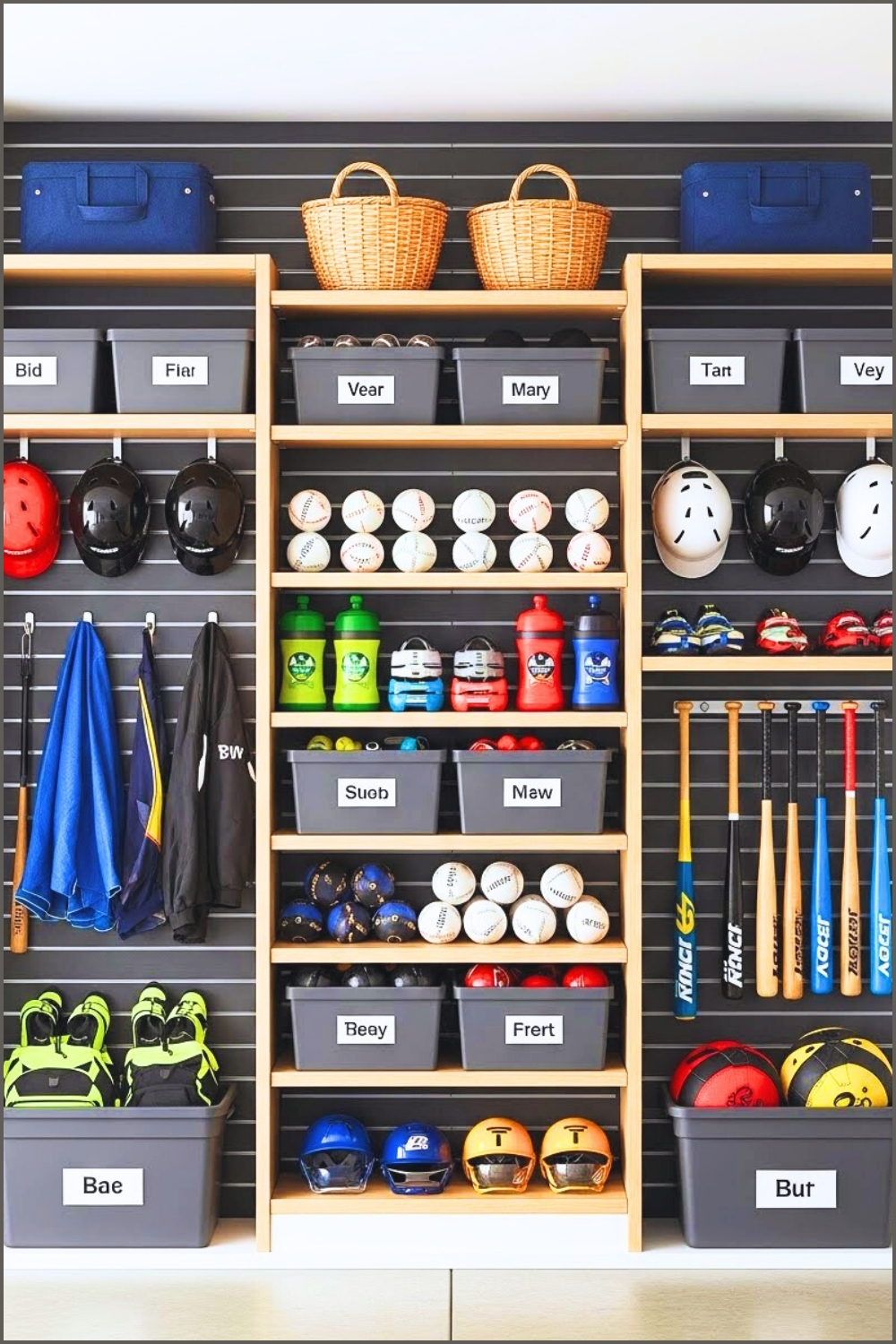 A Well-organized Garage Sports Storage Wall With Labeled Bins