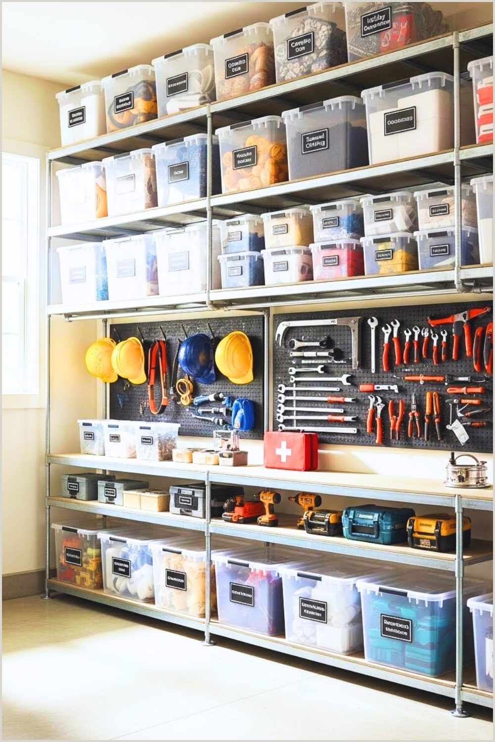 A Well-organized Garage With Metal Shelving Units Holding