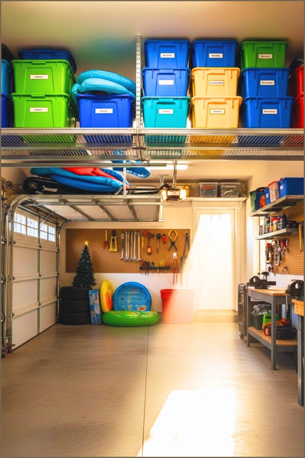 A Wide-angle View Of A Garage With Overhead Storage