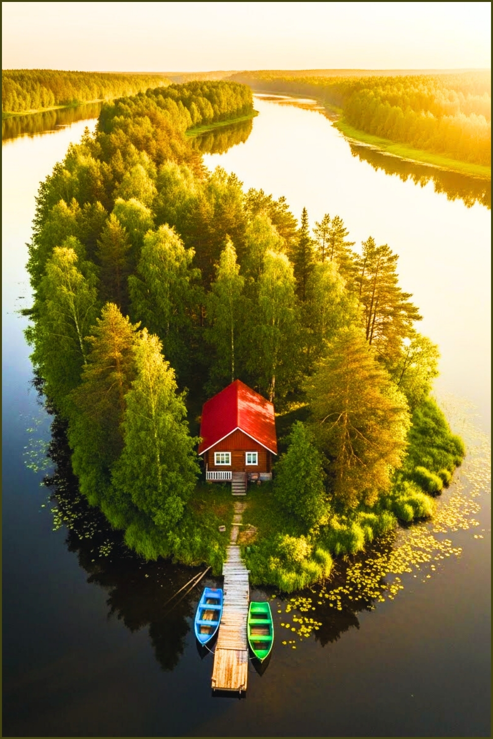 Aerial View Of Small Lake Cabin With Red Roof Surrounded