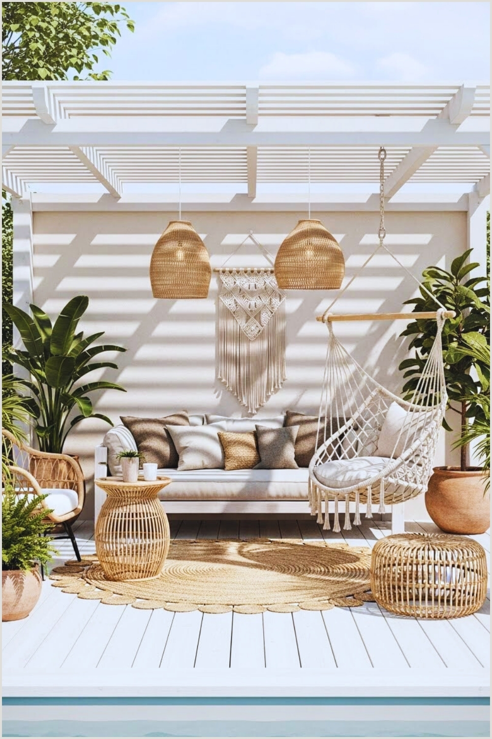 Airy Boho Poolside Cabana With White Pergola Roof