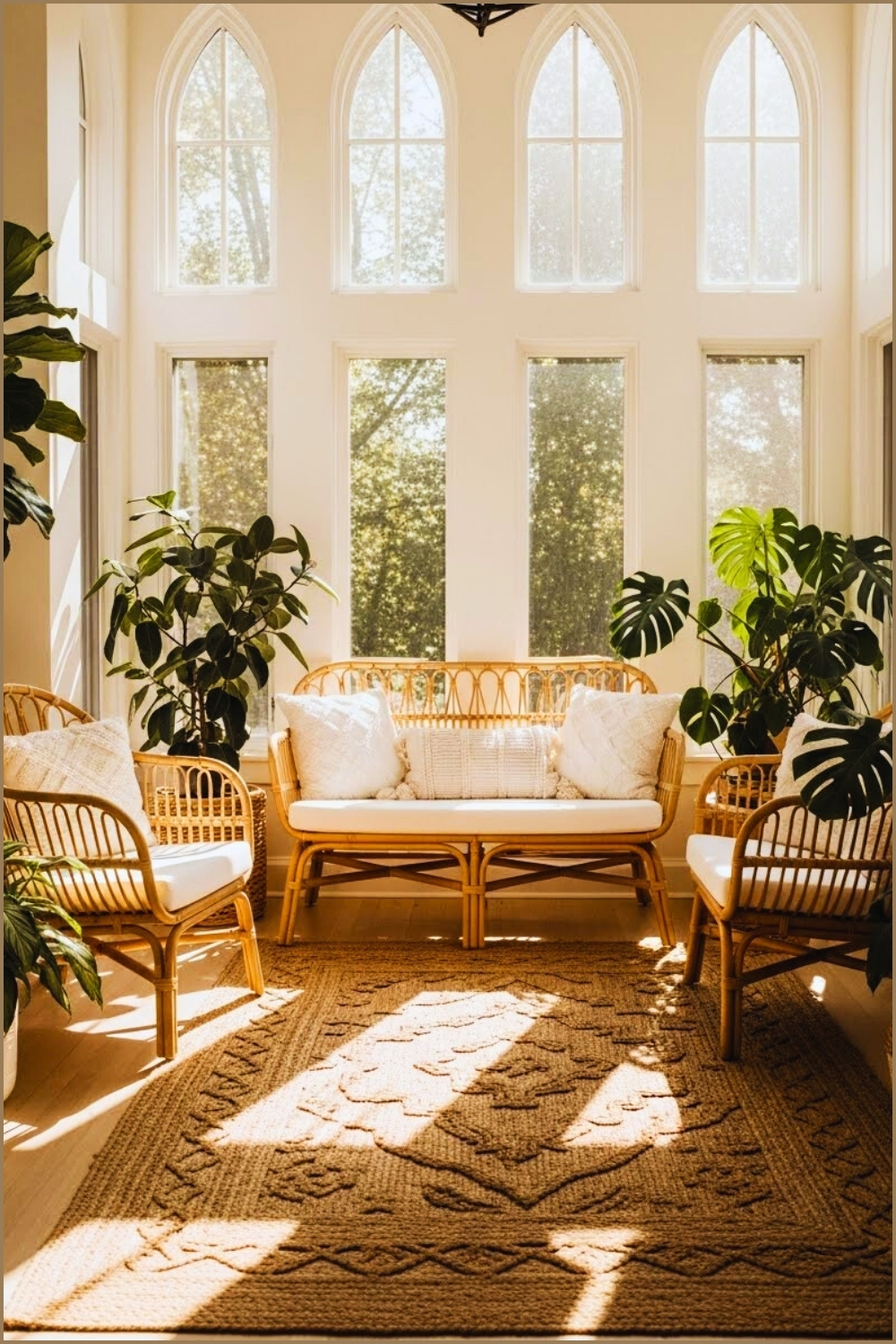 Airy Sunroom With Tall Cathedral Windows, Rattan Chairs And Sofa