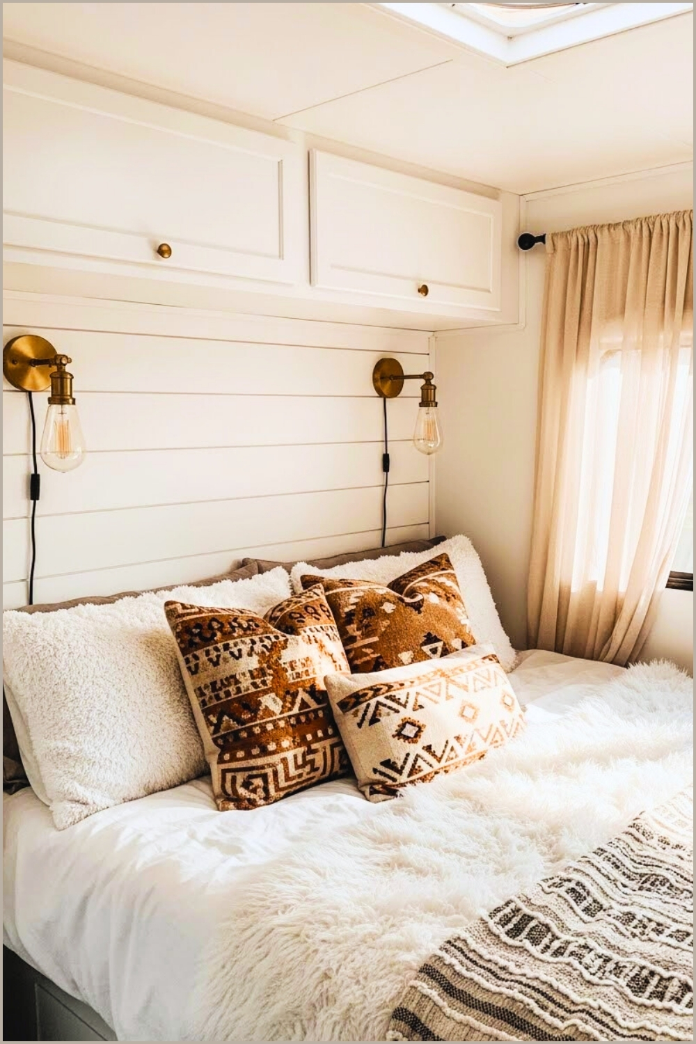 Airy White Camper Van Bedroom Shiplap Walls Brass Wall Sconces