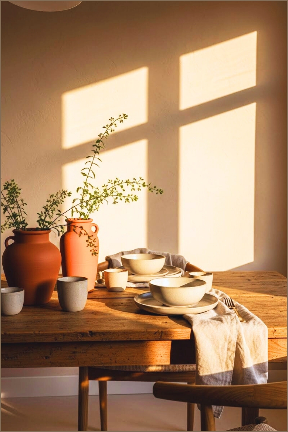 An Earthy Minimalist Dining Table Scene With Handcrafted