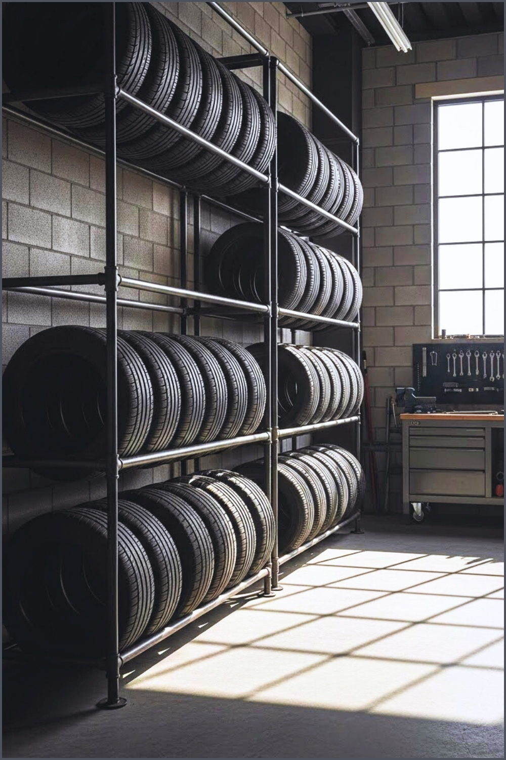 An Industrial-style Garage With Stacked Tire Storage Racks