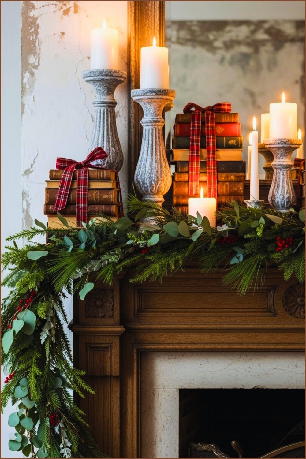 Antique Winter Mantel Styled With Vintage Book Stacks