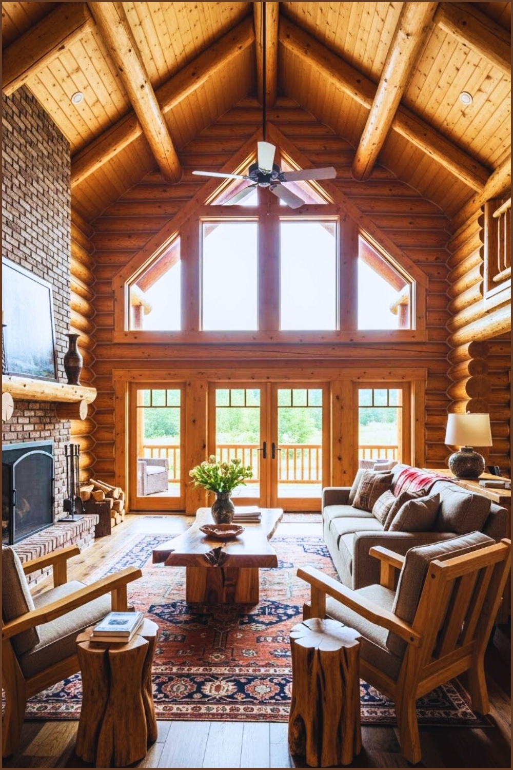 Authentic Rustic Log Cabin Living Room With Tall Vaulted