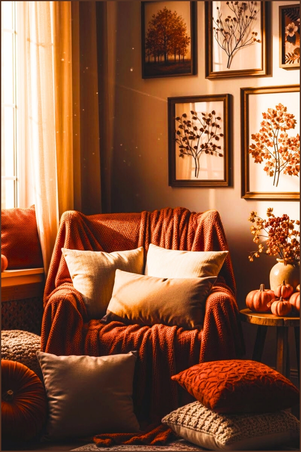 Autumn Themed Reading Nook Warm Orange Throw Blankets