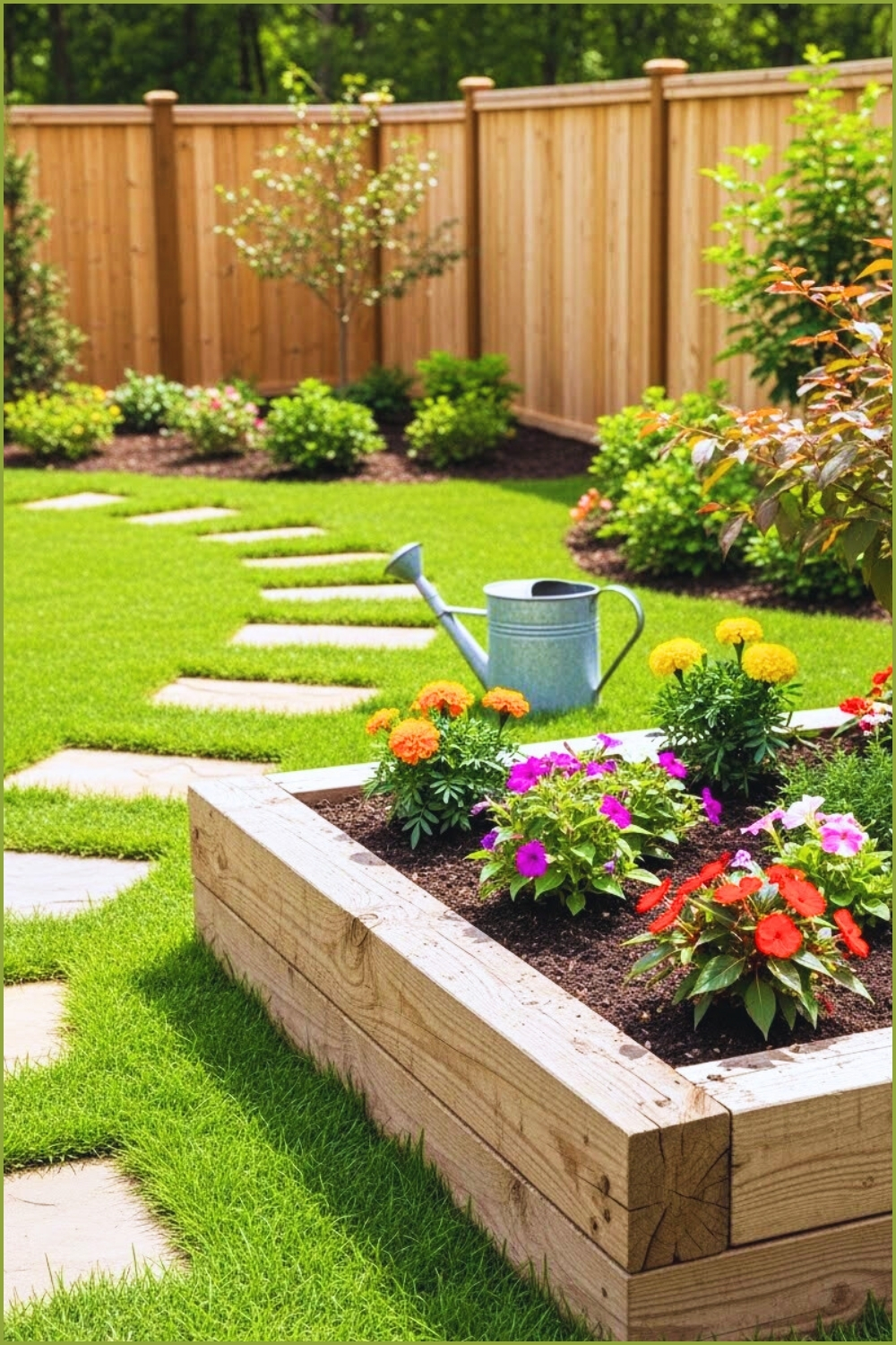 Backyard Garden With Wooden Raised Planter Box