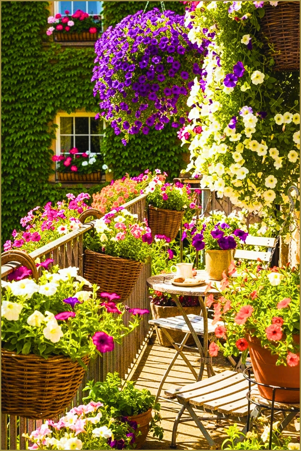 Balcony With Colorful Hanging Flower Baskets Cascading