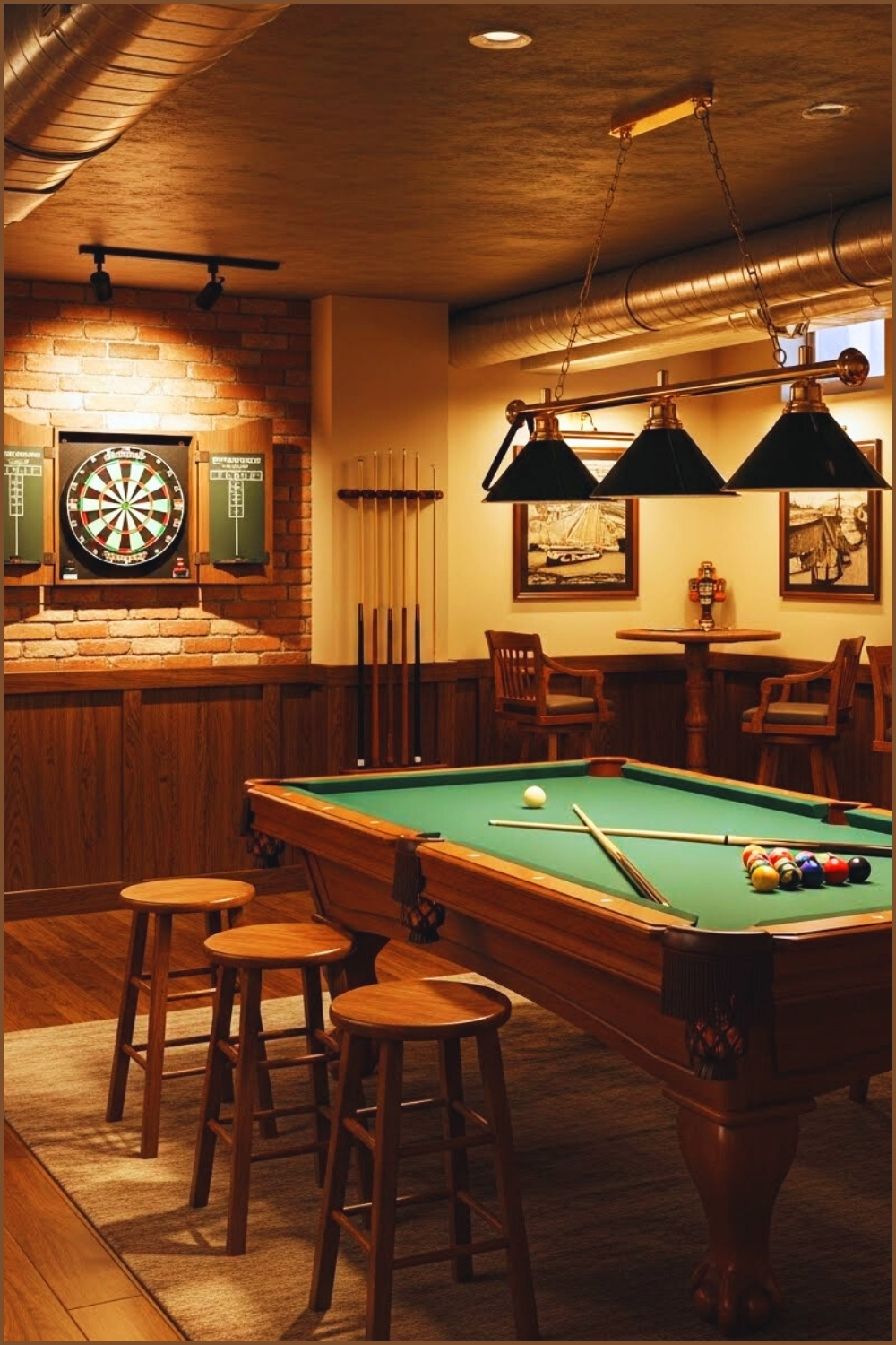 Basement Bar Game Room With Pool Table Dartboard Wall