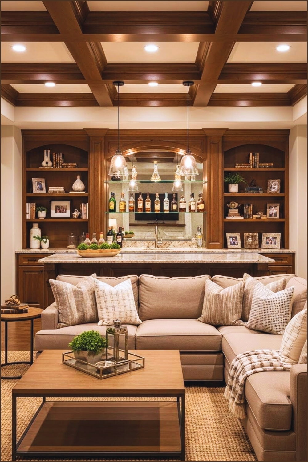 Basement Bar Integrated With Family Living Room