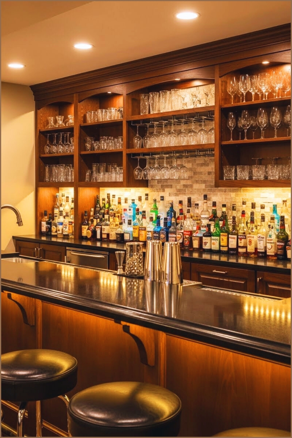 Basement Bar With Custom Built-in Shelving