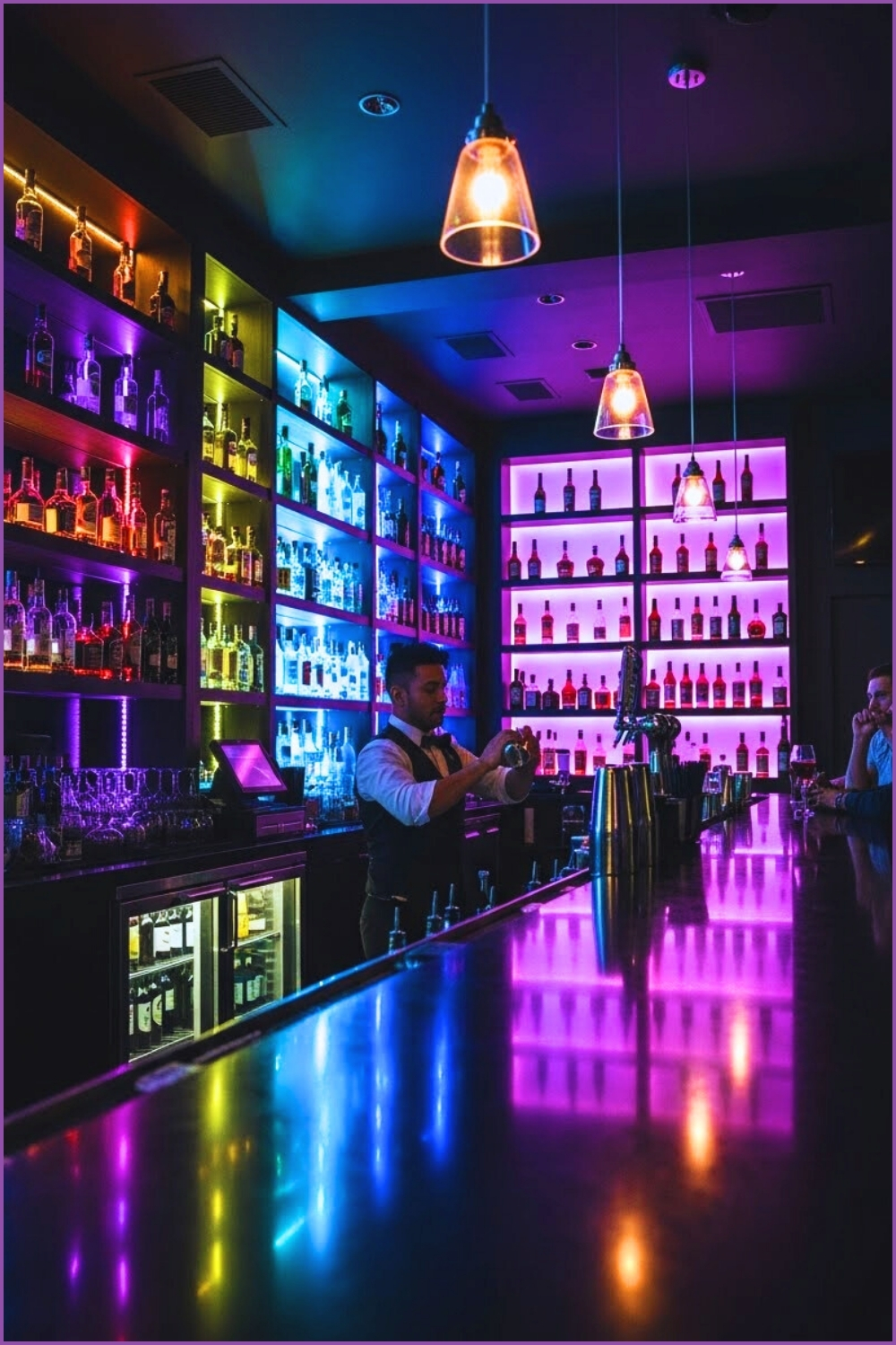 Basement Bar With Dramatic Led Lighting Glowing Shelves