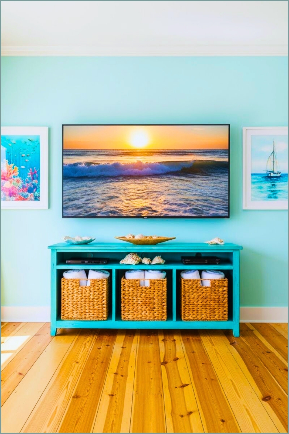 Beach-themed Living Room Wall With Large Tv Showing Ocean Waves