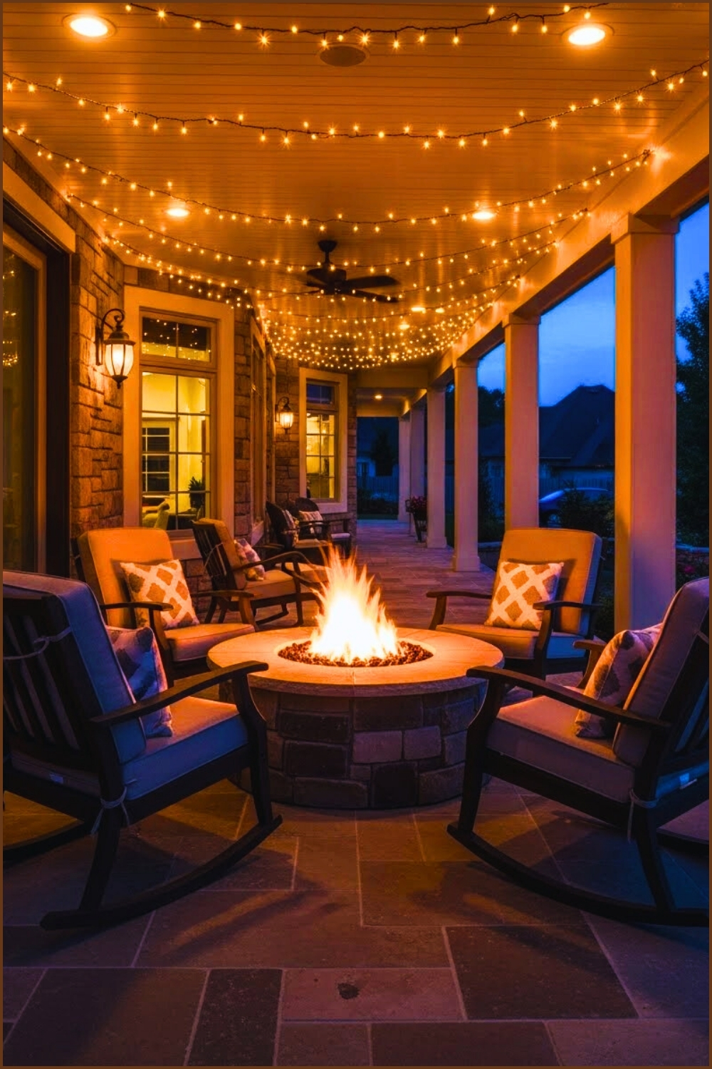 Beautiful Covered Patio With Stone Firepit Cushioned Rocking