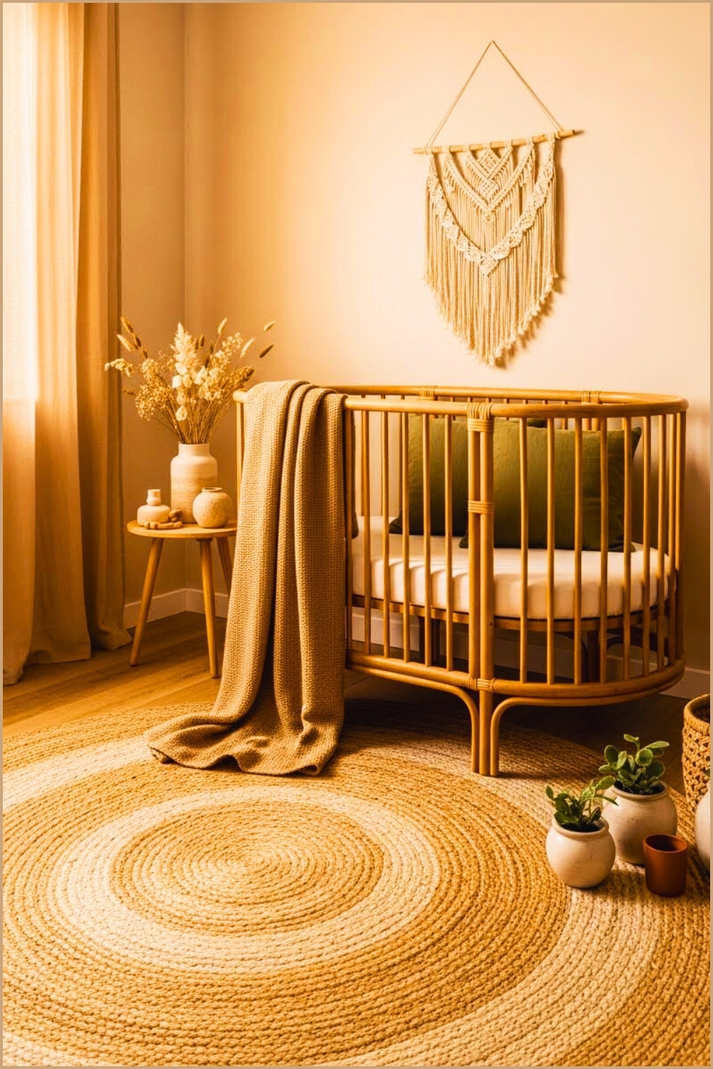 Beige Boho Nursery With Unique Round Rattan Crib