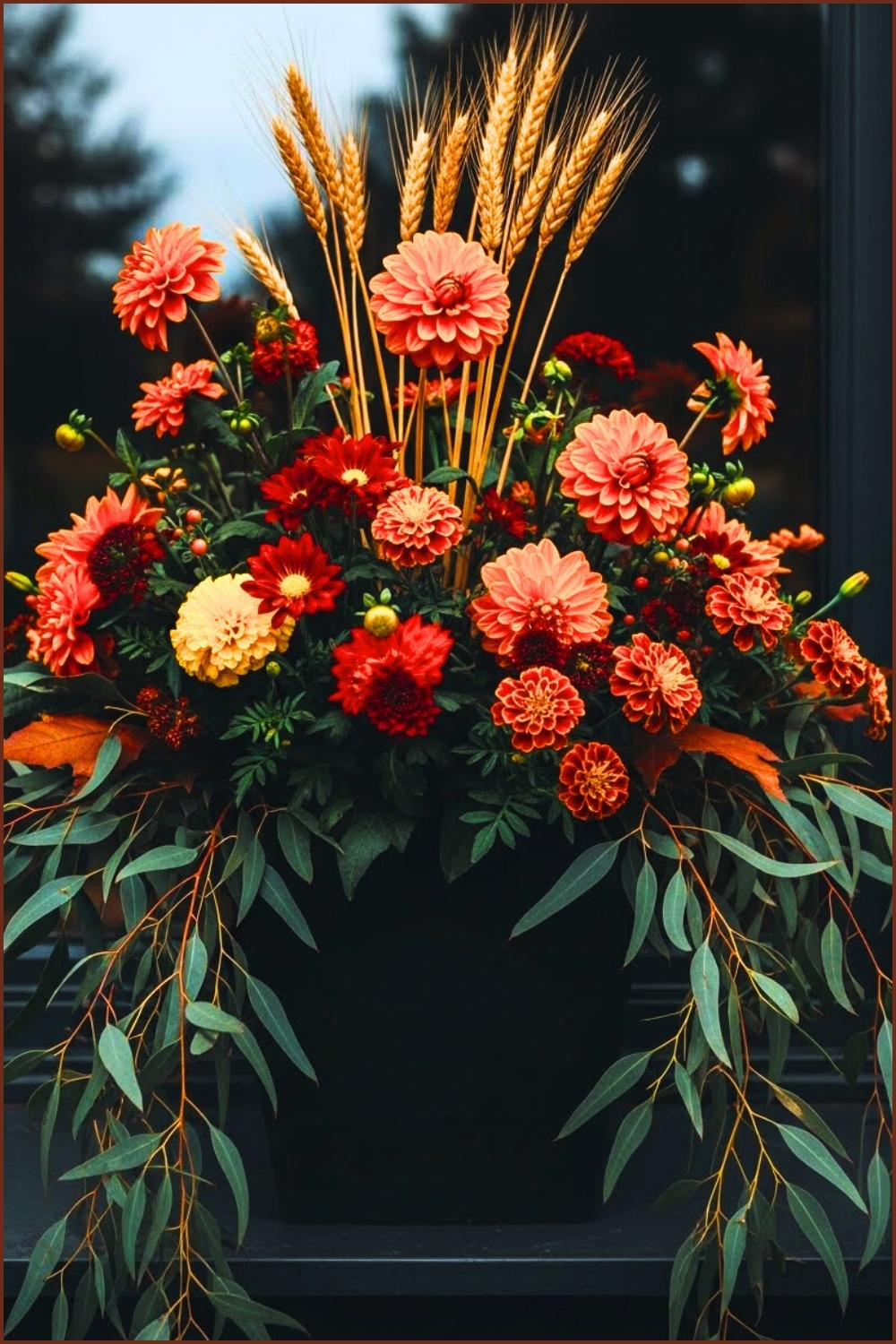 Black Window Planter Filled With Orange Autumn Flowers