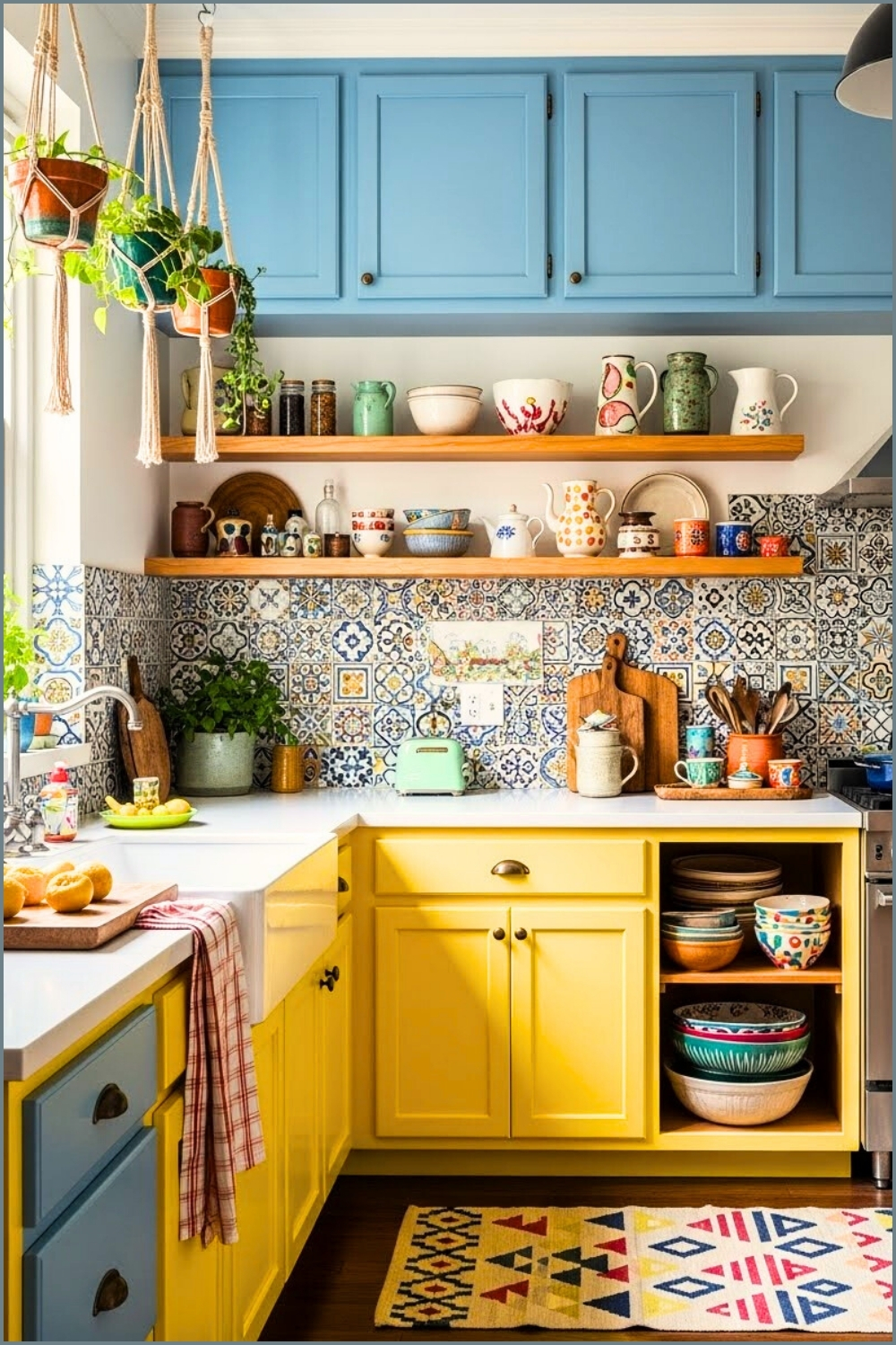 Bohemian Eclectic Kitchen, Colorful Patchwork Tile Backsplash