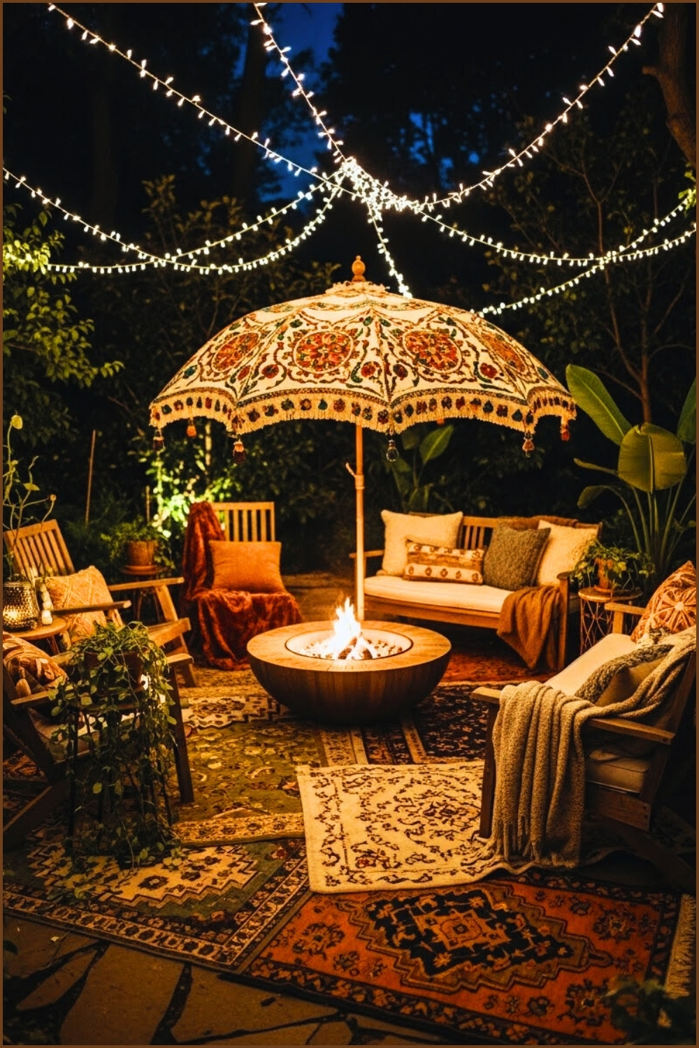 Bohemian Fire Pit Lounge With Vintage Embroidered Umbrella