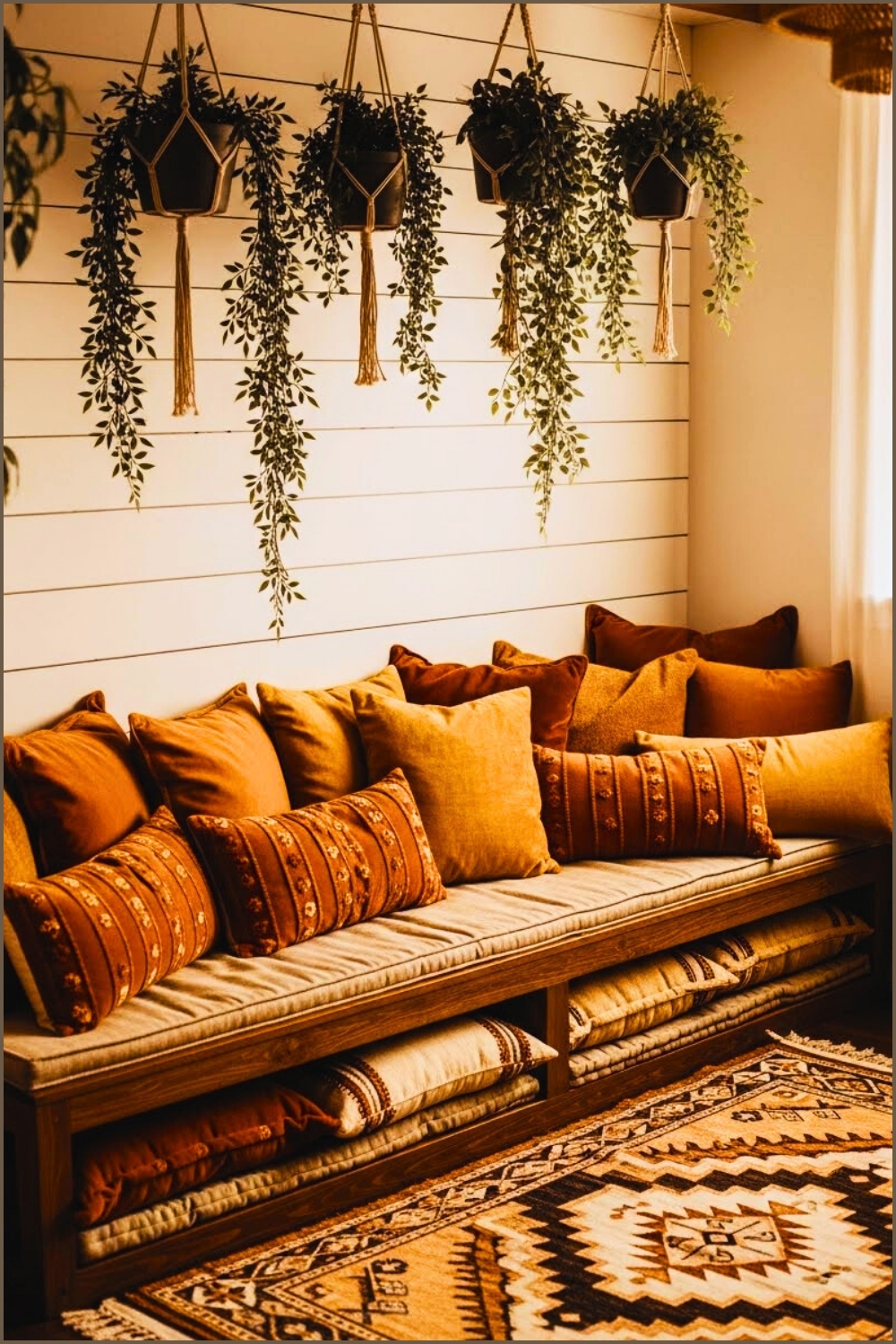 Bohemian Indoor Seating Corner White Shiplap Walls