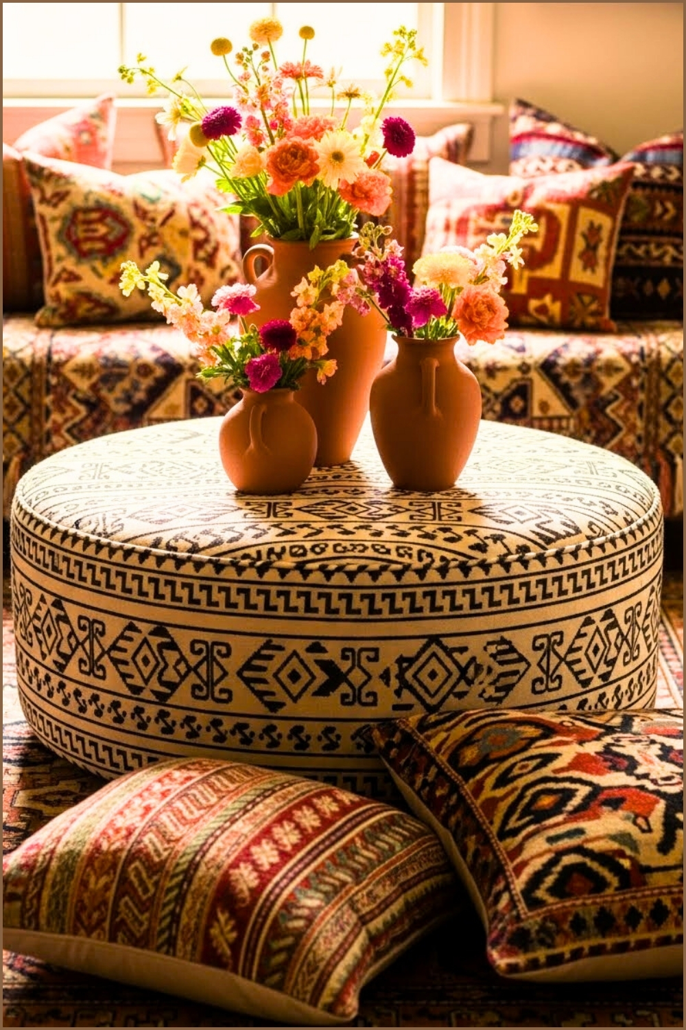 Bohemian Interior Styling, Circular Tribal-pattern Ottoman Coffee