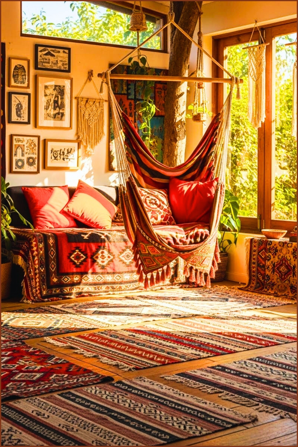 Bohemian Interior With Hanging Hammock Covered In Colorful