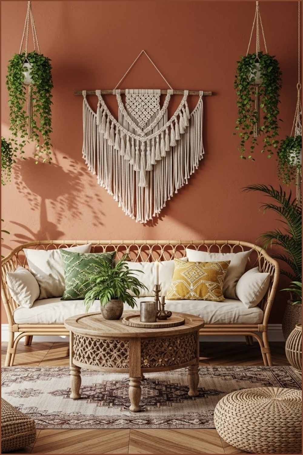 Bohemian Living Room Interior Warm Terracotta Clay Walls