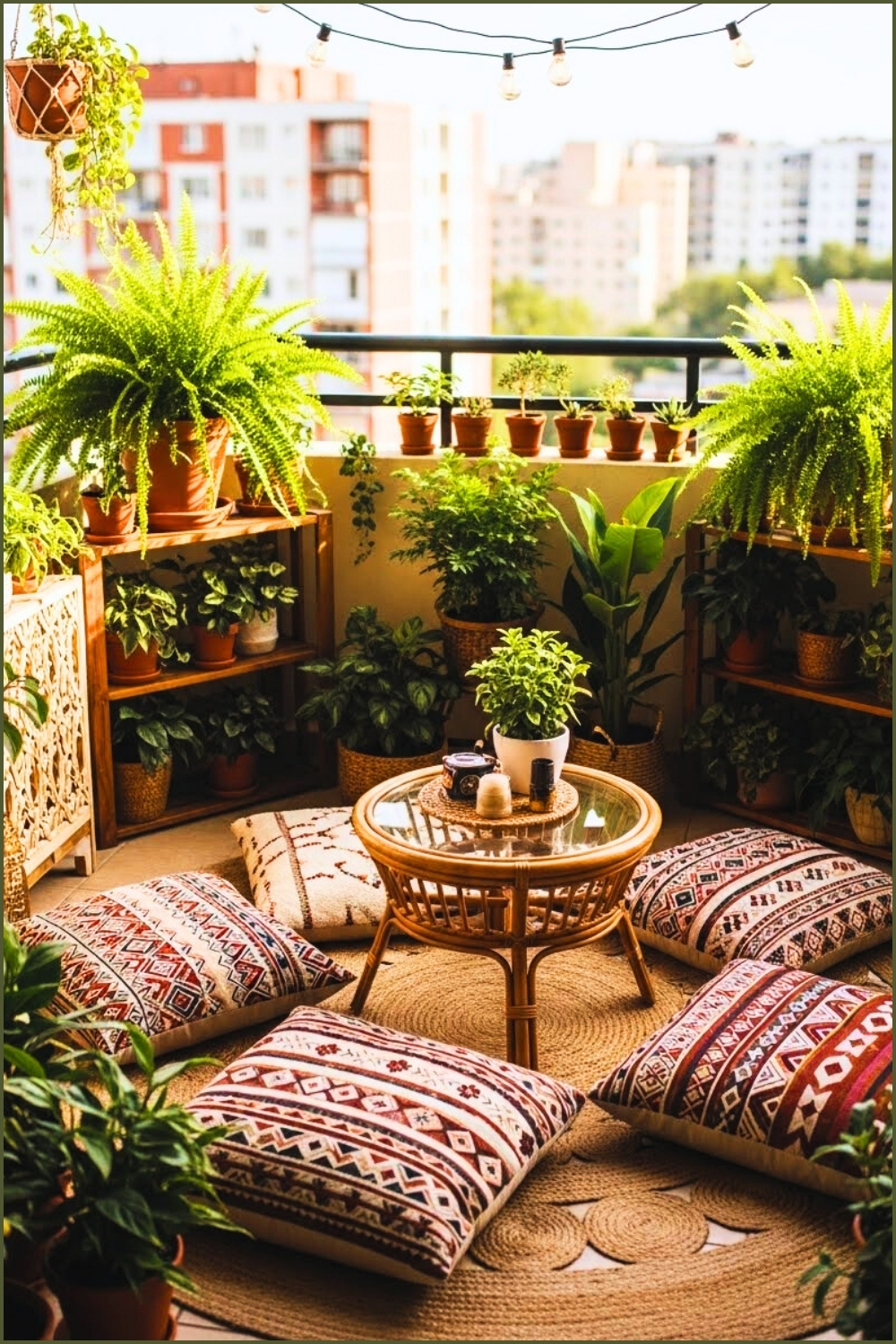 Boho Balcony Filled With Lush Ferns And Potted Plants