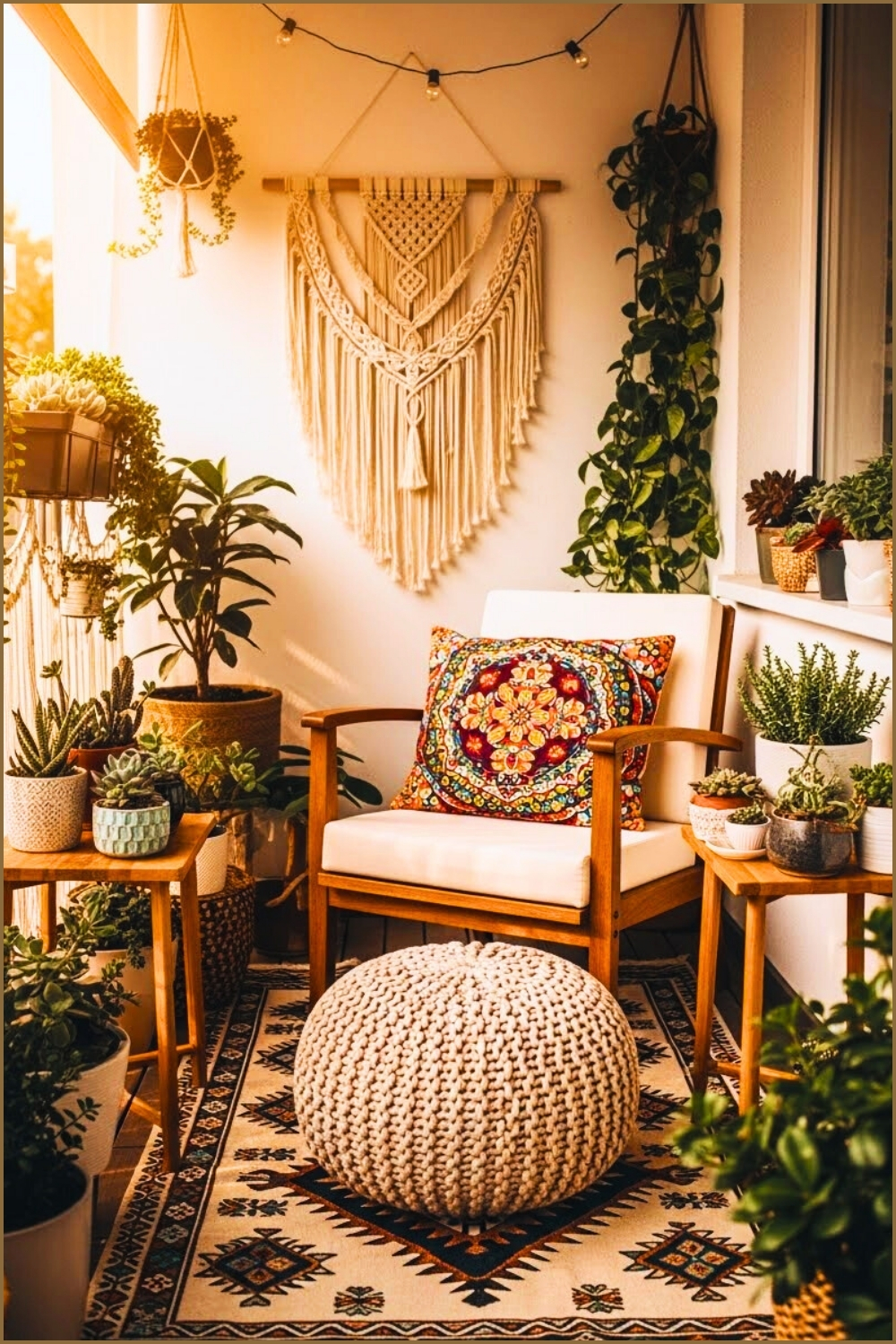 Boho Balcony Garden, Macrame Wall Art, Wooden Armchair